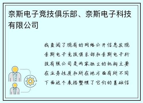 奈斯电子竞技俱乐部、奈斯电子科技有限公司